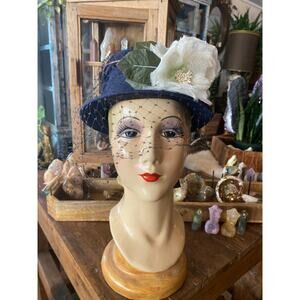 1950s flower hat, navy blue organza, vintage hat, madcaps, rose floral bucket